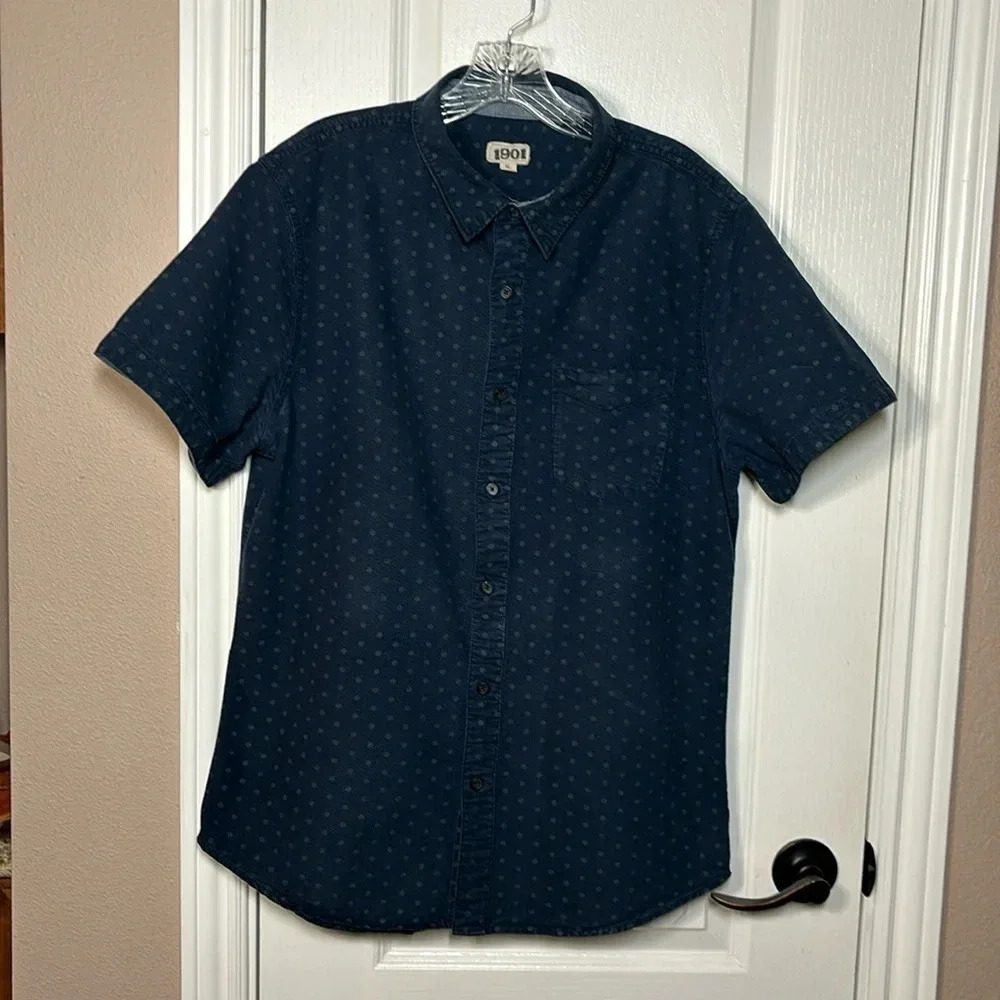 1901 Men's Short Sleeved 100% Cotton Blue W/ Grey Polka Dots Shirt Size XL